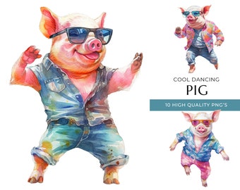 Cool Dancing Pig Clipart, 10 PNG de haute qualité, animaux aquarelle drôle, impressions numériques et projets créatifs, téléchargement numérique