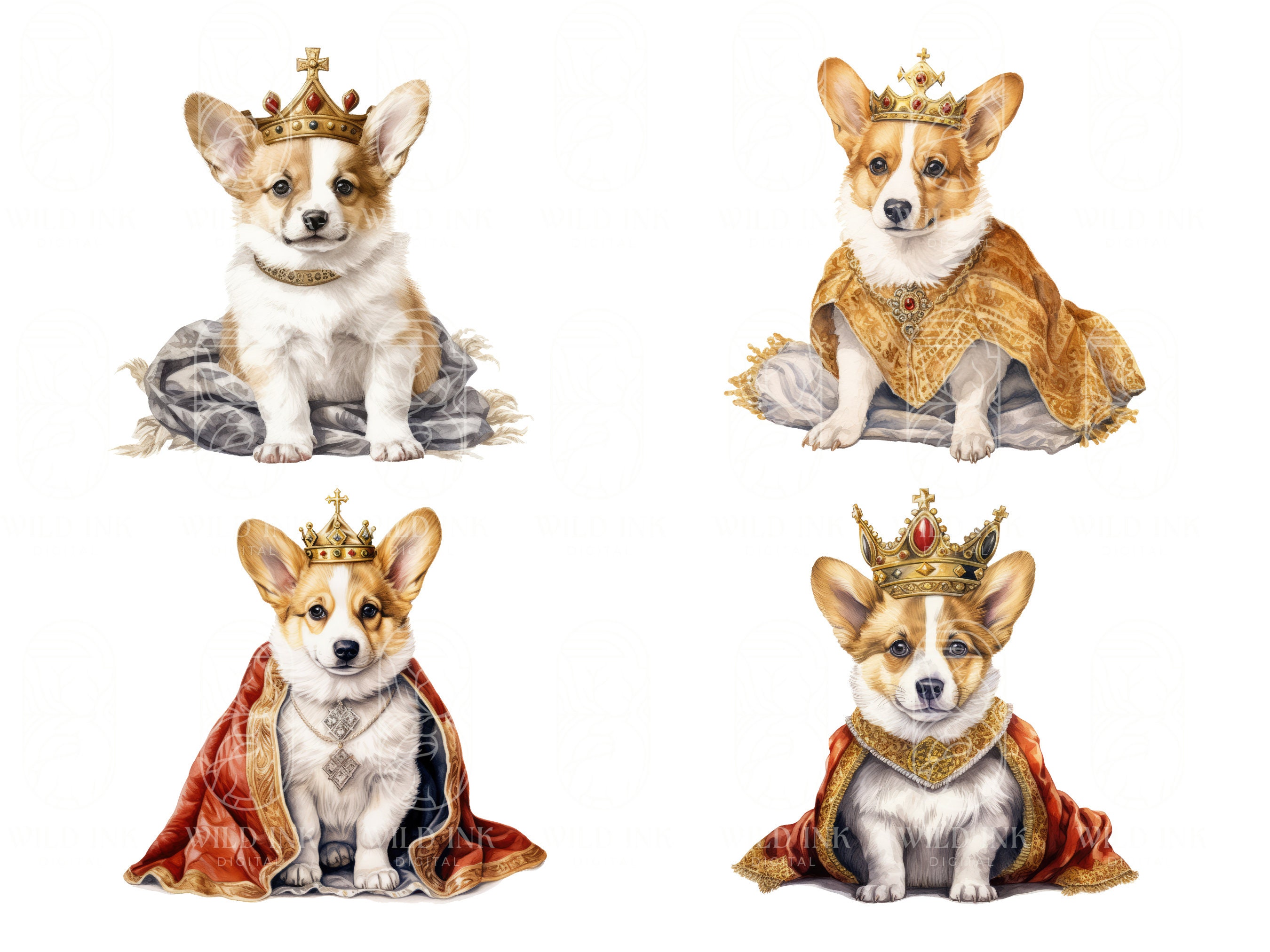 King & Queen Corgi Watercolor Clipart: Royal Puppy PNG JPEG (digital ...