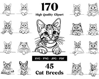 Cats Peeking Line Art SVG Bundle: 45 Breeds (Digital Download)