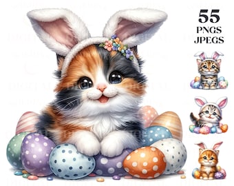 Watercolor Cute Easter Cats Clipart Bundle 55 High Quality PNG & JPEG, Cute Kittens, Sublimation, Spring Cats, Digital Download