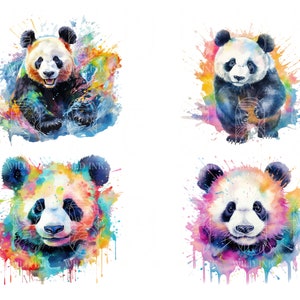 May include: Four watercolor paintings of pandas with colorful splatter paint backgrounds. Each panda is in a different pose, with a playful and happy expression.