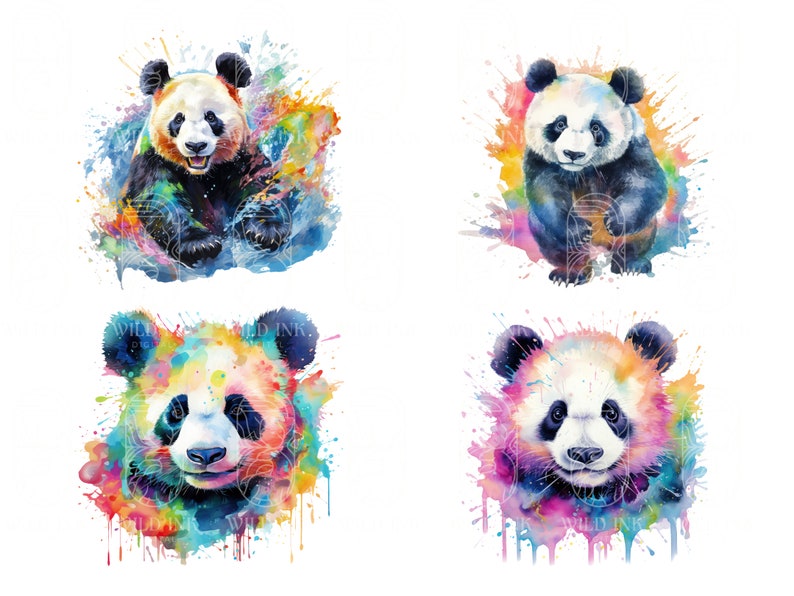 May include: Four watercolor paintings of pandas with colorful splatter paint backgrounds. Each panda is in a different pose, with a playful and happy expression.