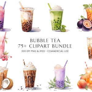 Aquarell Bubble Tea Clipart Bundle 75+ hochwertige PNG & JPEG, Boba Tee Getränke Clipart, Junk Journal, digitaler Download
