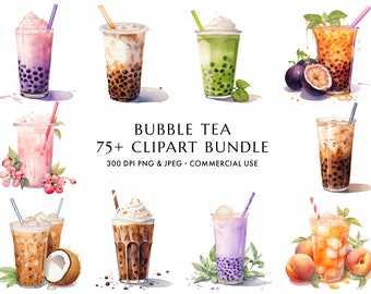 Watercolor Bubble Tea Clipart: 75+ PNG & JPEG Graphics (Digital Download)