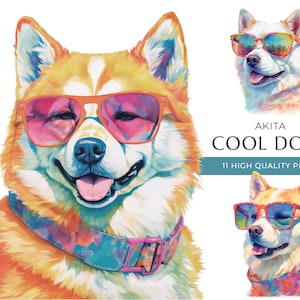 Cool Akita Dog Clipart, 11 High Quality PNGs, Funny Dogs with sunglasses Watercolor Print, Digital Crafting, Digital Download