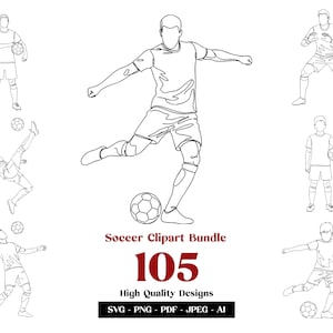 Pode incluir: Um pacote de clipart de futebol em preto e branco com 105 designs de alta qualidade. A imagem mostra desenhos de linha de jogadores de futebol em ação, incluindo chutar, cabecear e ficar em pé com uma bola. O texto "Soccer Clipart Bundle" e "105 High Quality Designs" também estão incluídos.
