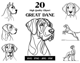May include: A set of 20 high quality clipart images of Great Danes in a line art style. The images are black and white and feature different poses of the dogs. The text "20 High Quality Clipart Great Dane" is at the top of the image. The text "SVG - PNG - JPG - PDF" is at the bottom of the image.