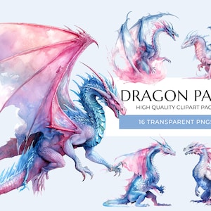 Watercolor Dragon Clipart Bundle: Fantasy PNG Images (Digital Download)