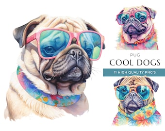 Watercolor Pug Clipart, Funny Dog with Sunglasses (Digital Download)