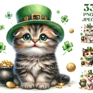 St Patrick's Day Cats Clipart Bundle 35 High Quality PNG & JPEG, Watercolor Kittens, Digital Download, Junk Journals, Sublimation