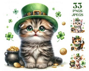 Watercolor St Patrick's Day Cats Clipart Bundle (Digital Download)