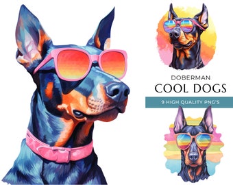 Cool Doberman Dog Clipart, 9 High Quality PNGs, Funny Dogs with sunglasses Watercolor Print, Digital Crafting, Digital Download