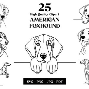 American Foxhound Dog SVG & PNG Clipart Bundle: Digital Line Art, Disegno vettoriale minimalista per sublimazione, Amante dei cani, Download digitale