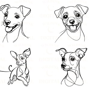 May include: Four black and white line drawings of dogs. The dogs are all different breeds, but they are all drawn in a similar style. The drawings are simple and elegant, and they would be perfect for a variety of projects.