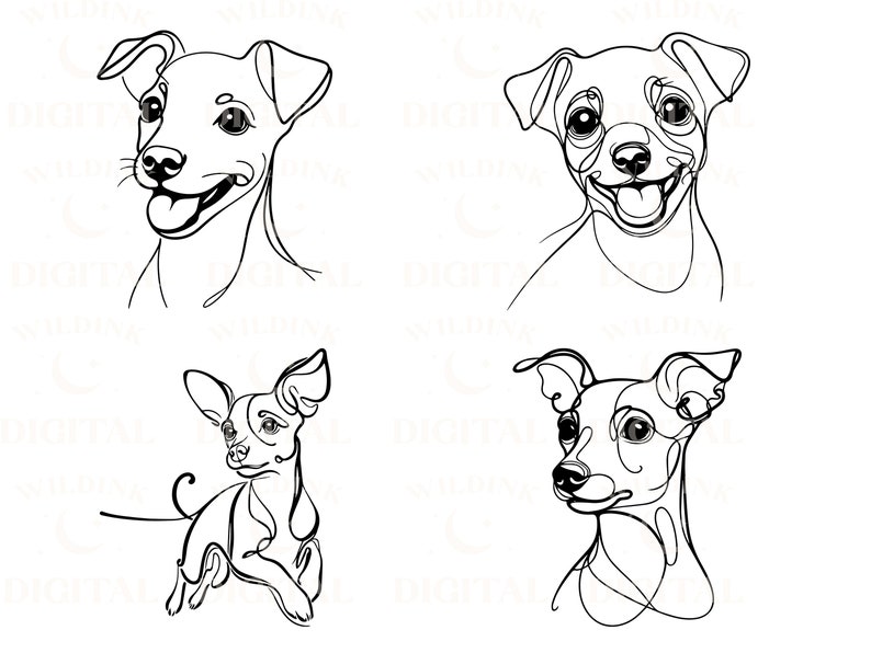 May include: Four black and white line drawings of dogs. The dogs are all different breeds, but they are all drawn in a similar style. The drawings are simple and elegant, and they would be perfect for a variety of projects.
