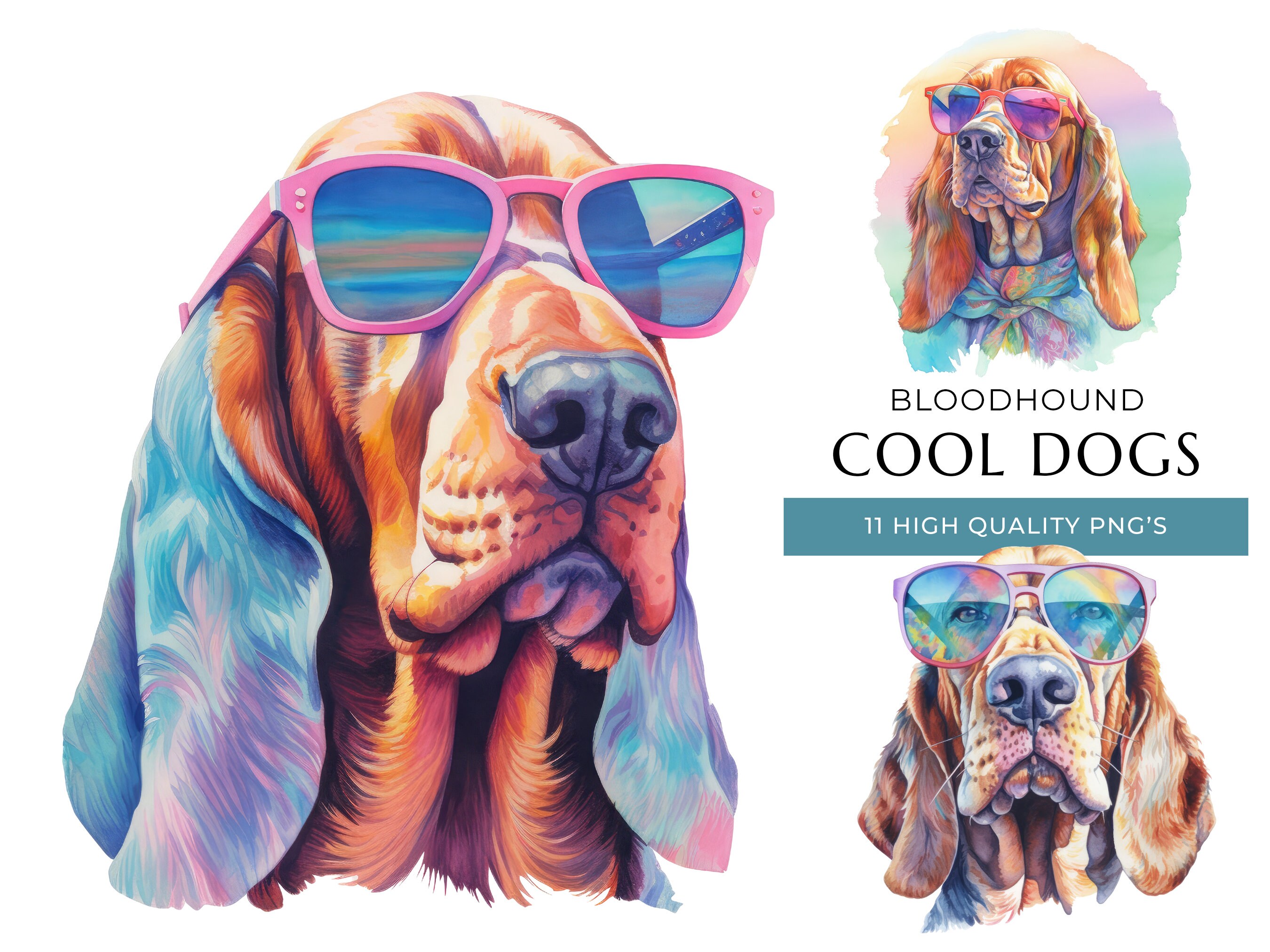 Bloodhound Dog Clipart: Funny Watercolor Print With Sunglasses