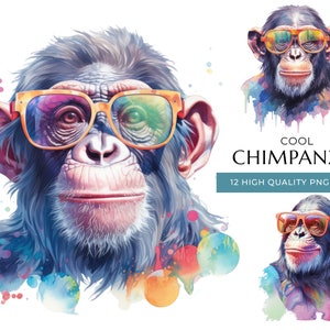 Watercolor Chimpanzee Clipart with Sunglasses, 12 High-Quality PNG & JPEG, Cool Safari Monkey Print, Digital Crafting, Digital Download