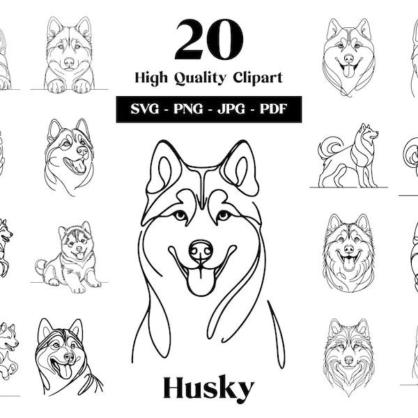 Ensemble de cliparts SVG et PNG Husky de Sibérie : dessin au trait numérique, dessin de chien vectoriel minimaliste pour sublimation, amoureux des chiens, téléchargement numérique