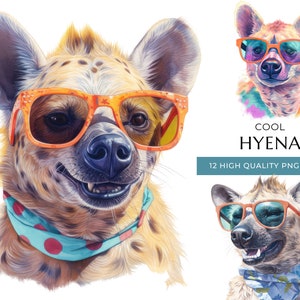 Watercolor Hyena Clipart with Sunglasses, 12 High-Quality PNG & JPEG, Cool Safari Animal Print, Digital Crafting, Instant Digital Download