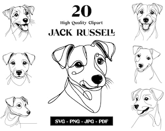 May include: A collection of 20 high-quality Jack Russell terrier clipart images in black and white. The images include line drawings of the dog's head and face, with some showing the dog smiling. The text "20 High Quality Clipart JACK RUSSELL" is displayed.