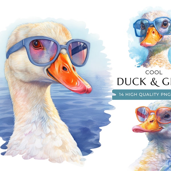 Watercolor Duck and Goose Clipart with Sunglasses, 14 High-Quality PNG & JPEG, Cool Farm Animal Print, Digital Crafting, Digital Download