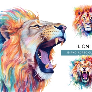 Lion Clipart - 19 PNG et JPEG de haute qualité - Impressions d’animaux Safari aquarelle colorées - Artisanat numérique - Téléchargement numérique instantané