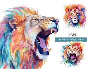 Lion Clipart - 19 PNG et JPEG de haute qualité - Impressions d’animaux Safari aquarelle colorées - Artisanat numérique - Téléchargement numérique instantané