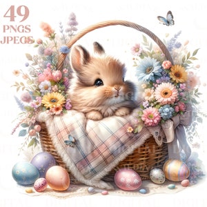 Aquarell Osterhase in einem Korb Clipart Bundle 49 hochwertige PNG & JPEG, digitaler Download, Junk Journals, Sublimation, kommerzielle Nutzung