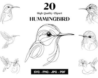 May include: A set of 20 high-quality hummingbird clip art images in black and white line art style. The images feature hummingbirds in various poses, including flying, perched, and feeding. The text "20 High Quality Clipart HUMMINGBIRD SVG - PNG - JPG - PDF" is included in the image.