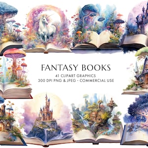 Watercolor Fantasy Books Clipart 41 High Quality PNG & JPEG, Open Book Clip Art, Book Bundle PNG, Magic Books, Digital Download