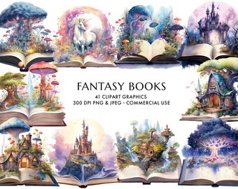 Puede incluir: Un conjunto de 41 ilustraciones digitales de libros de fantasía. Cada libro presenta una escena mágica diferente, incluyendo un unicornio, un castillo, un bosque y un árbol. Las ilustraciones son de estilo acuarela y son perfectas para usar en scrapbooking digital, creación de tarjetas y otros proyectos creativos. 300 DPI PNG & JPEG - Uso comercial.