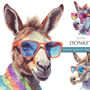 Watercolor Donkey Clipart with Sunglasses, 12 High-Quality PNG & JPEG, Cool Farm Animal Print, Digital Crafting, Digital Download