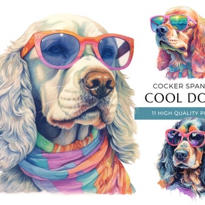 Cool Cocker spaniel Dog Clipart, 11 PNG di alta qualità, Cani divertenti con occhiali da sole Stampa acquerello, Creazione digitale, Download digitale