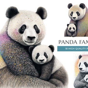 Bebê Panda com a mãe, 18 clipart PNGs, estampas fofas da família Panda, presente para mamãe e papai, arte de parede de berçário, artesanato digital, download digital