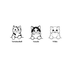May include: Three cartoon cats with different fur patterns: tortoiseshell, tuxedo, and white. Each cat is peeking over a surface, with their names labeled below.