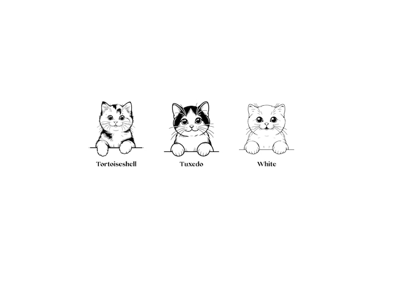 May include: Three cartoon cats with different fur patterns: tortoiseshell, tuxedo, and white. Each cat is peeking over a surface, with their names labeled below.