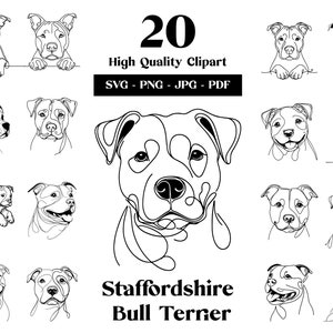 Staffordshire Bull Terrier SVG & PNG clipart bundel: Pitbull digitale lijntekeningen, minimalistische vectorhond voor sublimatie, digitale download
