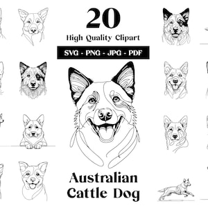 Pacote de clipart SVG e PNG de cão de gado australiano: arte de linha digital Blue Heeler, desenho vetorial minimalista de cachorro para sublimação
