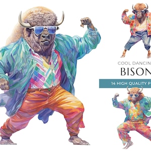 Dancing Bison Clipart: Funny Watercolor Animal PNGs (Digital Download)