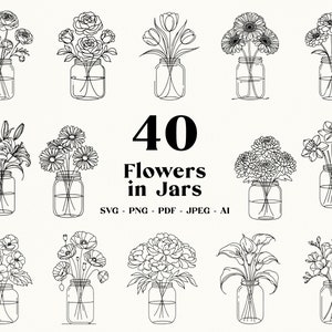 May include: A set of 40 black and white line drawings of flowers in mason jars. The drawings are simple and elegant, and they would be perfect for use in a variety of projects, such as scrapbooking, card making, or home decor.
