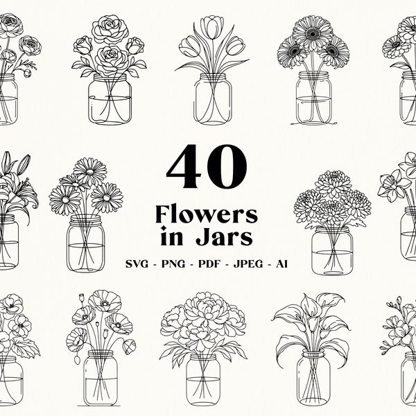 Flowers in Jars Line Art: Wildflower SVG Bundle (Digital Download)