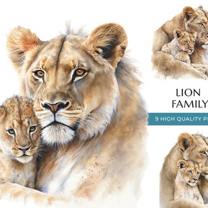 Mamãe leão e filhote, linda leoa e bebê leão estampado, 9 PNGs de alta qualidade, decoração de berçário Safari, presente para mãe, conjunto de download digital instantâneo 1