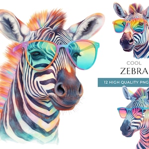 Watercolor Zebra Clipart with Sunglasses, 12 High-Quality PNG & JPEG, Cool Safari Animal Print, Digital Crafting, Instant Digital Download