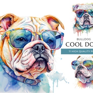 Watercolor Bulldog Clipart: Funny Dogs with Sunglasses (Digital Download)