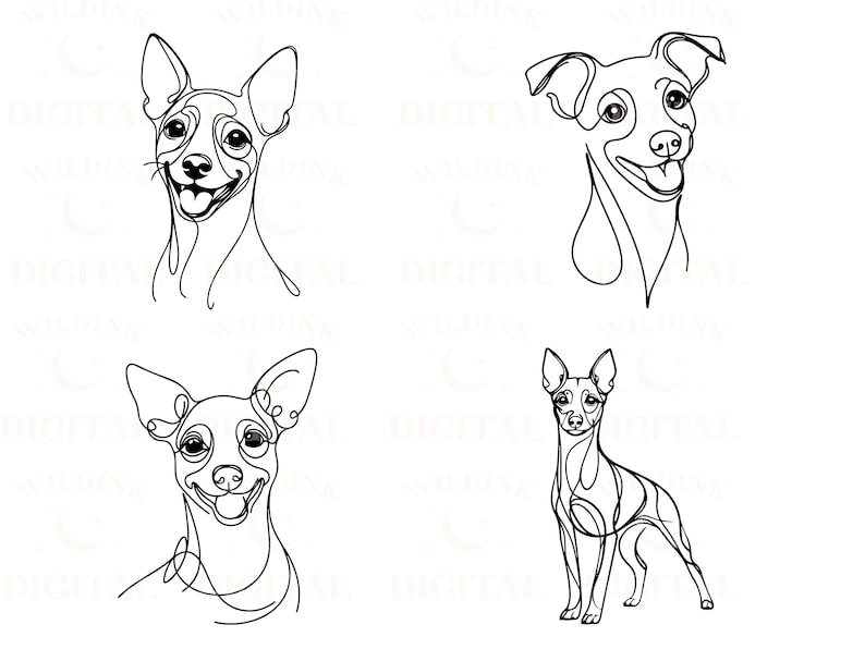 May include: Four line drawings of a small dog breed, possibly a Chihuahua, in different poses. The dog is depicted with a happy expression and a wagging tail.
