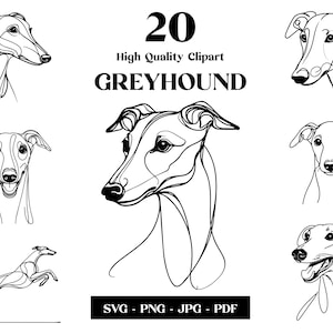 Pacchetto Greyhound SVG e PNG Clipart: Digital Line Art, disegno vettoriale minimalista per sublimazione, amante dei cani, download digitale del cucciolo