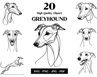 May include: A set of 20 high quality clipart images of greyhounds in a line art style. The images are black and white and feature different poses of the dogs. The text "20 High Quality Clipart GREYHOUND" is at the top of the image. The text "SVG - PNG - JPG - PDF" is at the bottom of the image.