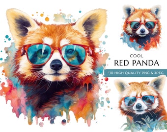 Watercolor Red Panda Clipart with Sunglasses (Digital Download)