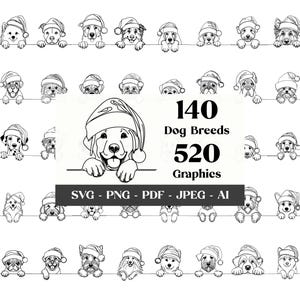 520 Weihnachtshunde SVG Clipart Bundle 140 Hunderassen in SVG Line Art Spähender Hund Clipart, Hundevektorgrafik, Sublimation, digitaler Download