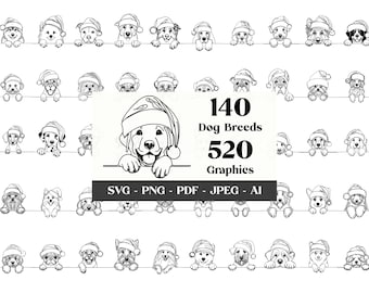 May include: Black and white line art of various dog breeds wearing Santa hats. The image includes the text "140 Dog Breeds 520 Graphics" with file format options: SVG, PNG, PDF, JPEG, and AI.